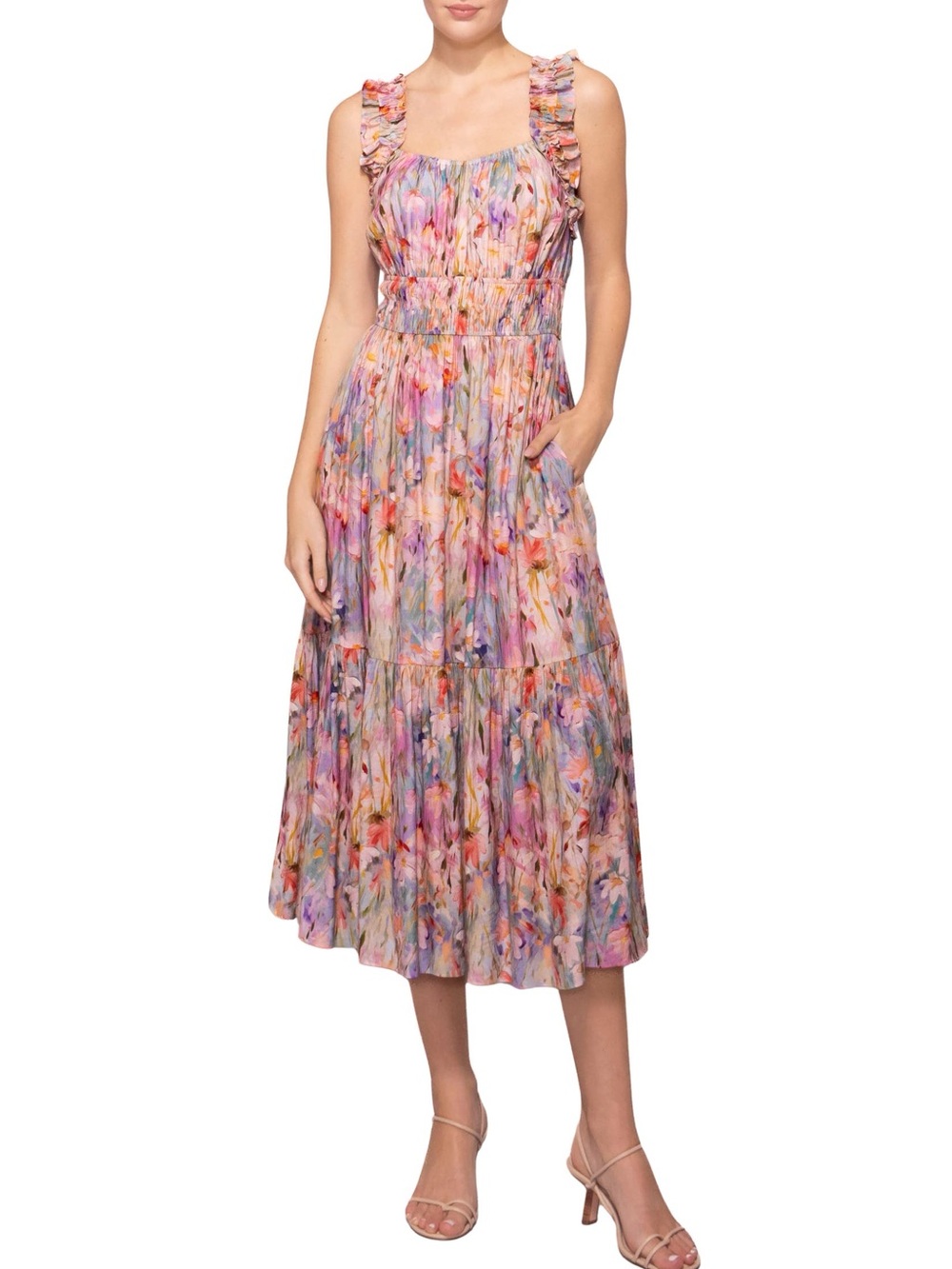 Melloday Nordstrom Floral Ruffle Strap Midi Dress in Multicolor